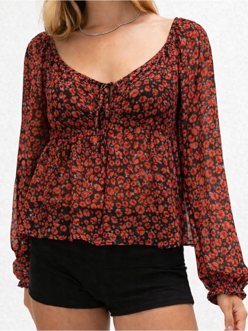 Nasty Gal Floral Babydoll Top Lace Up Rose Print Blouse Long Sleeve | 16